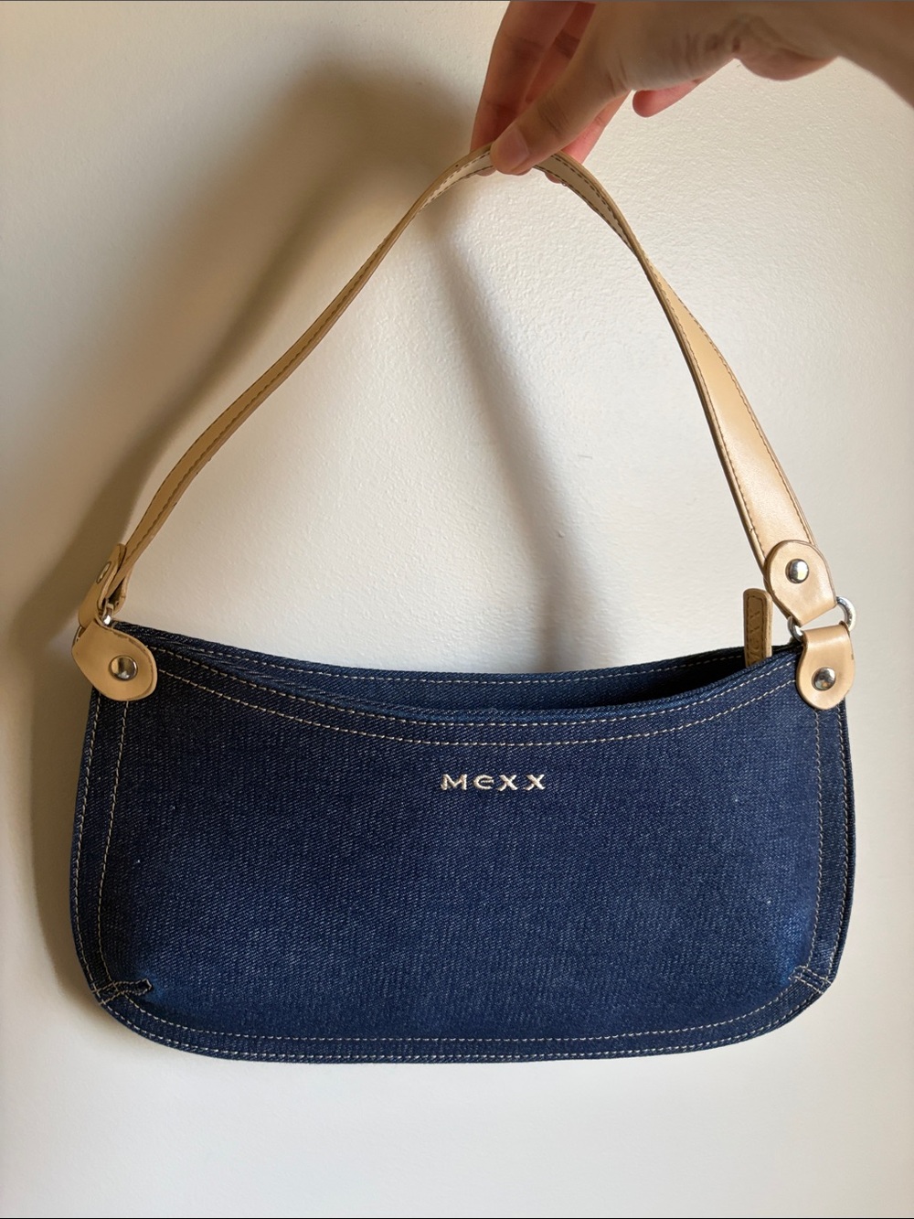 Mexx Navy Denim Mini Shoulder Bag with Cream Strap